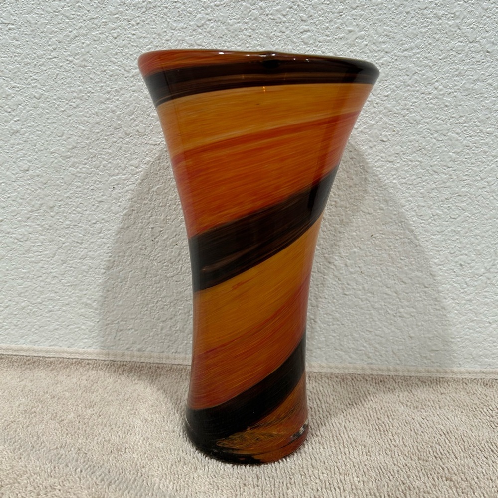 Vintage Art Glass Vase Teleflora Orange Brown Swirl  9" Retro Decor